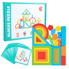 Wooden geometric shapes, rainbow building blocks, 