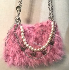 Exquisite pink plush pearl necklace+metal bow tren