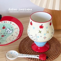 可爱手绘红苹果小狗陶瓷高脚杯酒杯创意甜品咖啡杯情侣水杯礼物