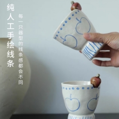 小众设计粗陶手绘苹果手握杯拿铁拉花咖啡杯女生生日礼物精致礼品杯子