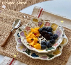 手作花鸟粗陶釉下彩复古高颜值甜品盘水果盘酸奶碗生日礼物餐盘两件套