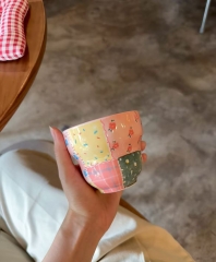 彩色拼布釉下彩餐盘餐具复古陶瓷杯家用米饭碗彩绘礼物