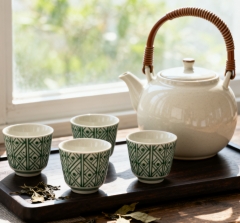 日式复古陶瓷茶具套装 藤编提梁壶带四杯 家用功夫茶泡茶器