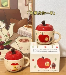 可爱苹果杯子家用陶瓷杯高颜值马克杯带盖带勺子杯生日礼物女咖啡杯