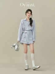 Women's Blue Striped Polo-Collar Shirt Dress with