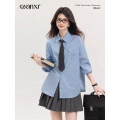 Women's Blue Minimalist Premium Preppy Slim-Fit Sh