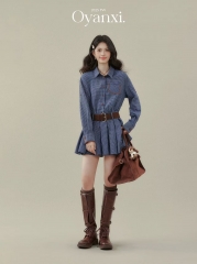 Women's Retro Blue Plaid Shirt Dress with Waist Ci