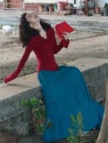 Vintage Elegant Peacock Blue Extra Long Full Flare
