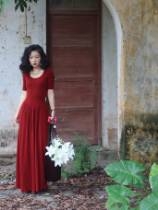 Vintage Round Neck 3/4 Sleeve Wool Knit A-Line Fla