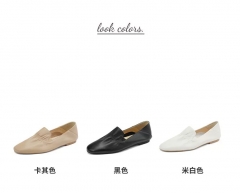 真皮方头一脚蹬乐福鞋女春秋季新款软底奶奶鞋平跟单鞋